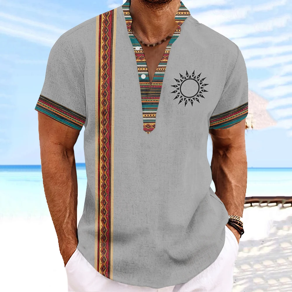 Vintage Henley Men T-Shirt Ethnic Streetwear For Male 3d Tribal Style Clothing Oversized Short Sleeve Top Summer Hawaiian Shirts