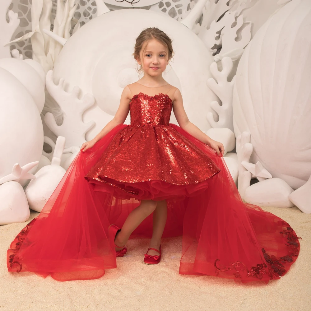 EVLAST Red Flower Girl Dress For Weddings Pretty Princess First Communion Wedding Party Gown Short Front  Long Back Style TFD064