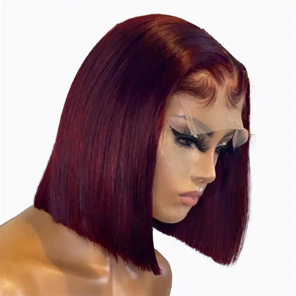 99j Мягкий бордовый бесклеевой парик 180 Плотность Короткий боб Винный прямой глубокий парик фронта шнурка для женщин с волосами ребенка предварительно выщипанные ежедневно