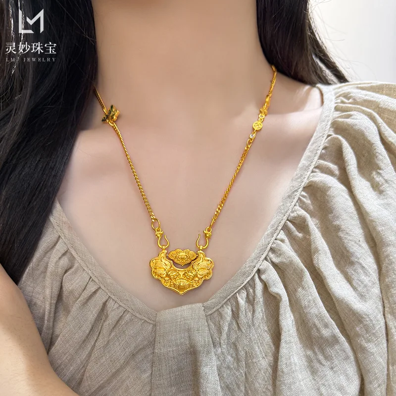 9999 24K real gold store same style women's gold necklace lotus koi pendant luxury jewelry