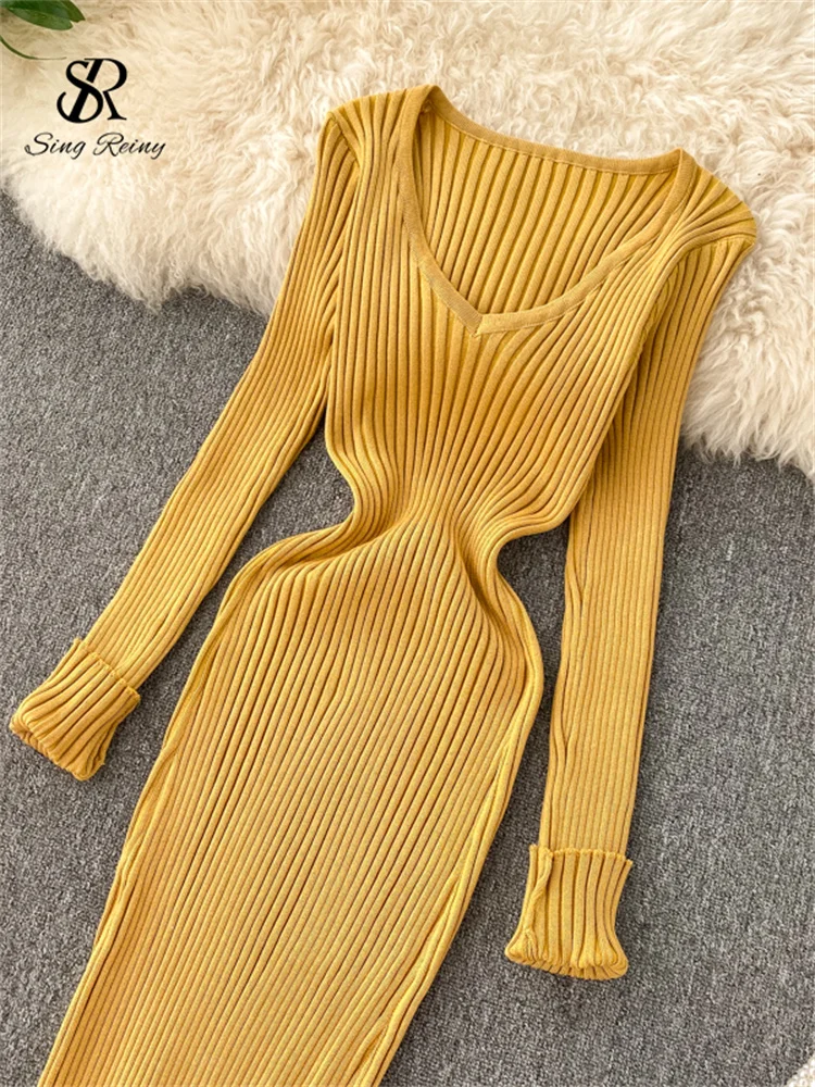 knee length dresses for ladies Colette Premium Long Sleeved Ribbed Knit Maxi Dress in Butter Yellow