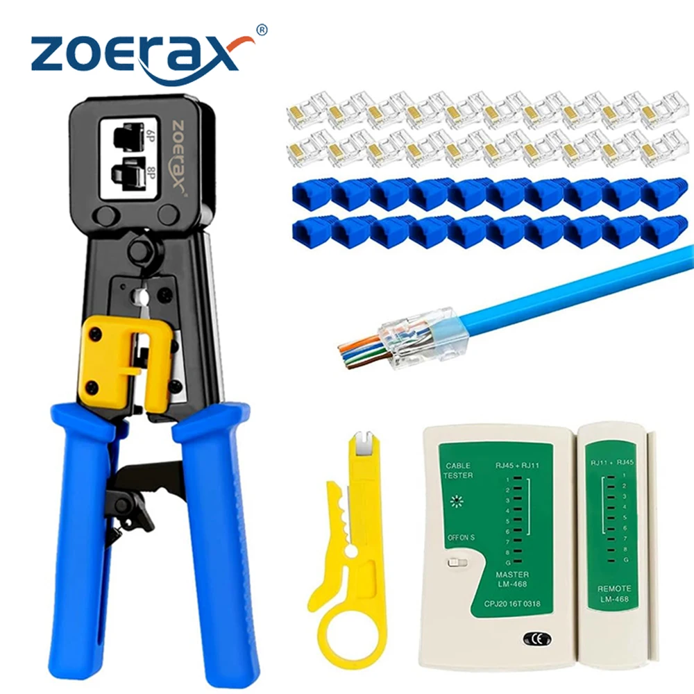 

ZoeRax RJ45 Cat6/5e/5 Crimp Tool Kit with 20PCS Cat6 pass through Connectors and Covers, Wire Punch Down Cutter,Cable Tester