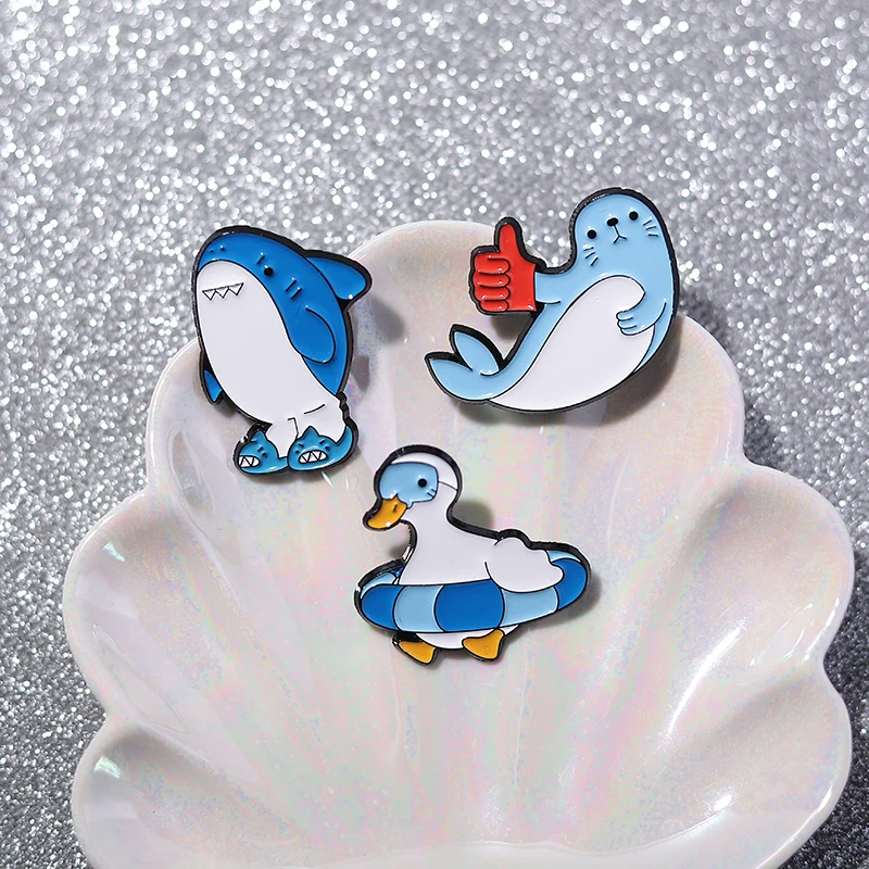 Cute Blue Shark Duck Enamel Pins Cartoon Whale Animal Brooch Backpack Collar Lapel Badges Gift for Friends Accessories Wholesale