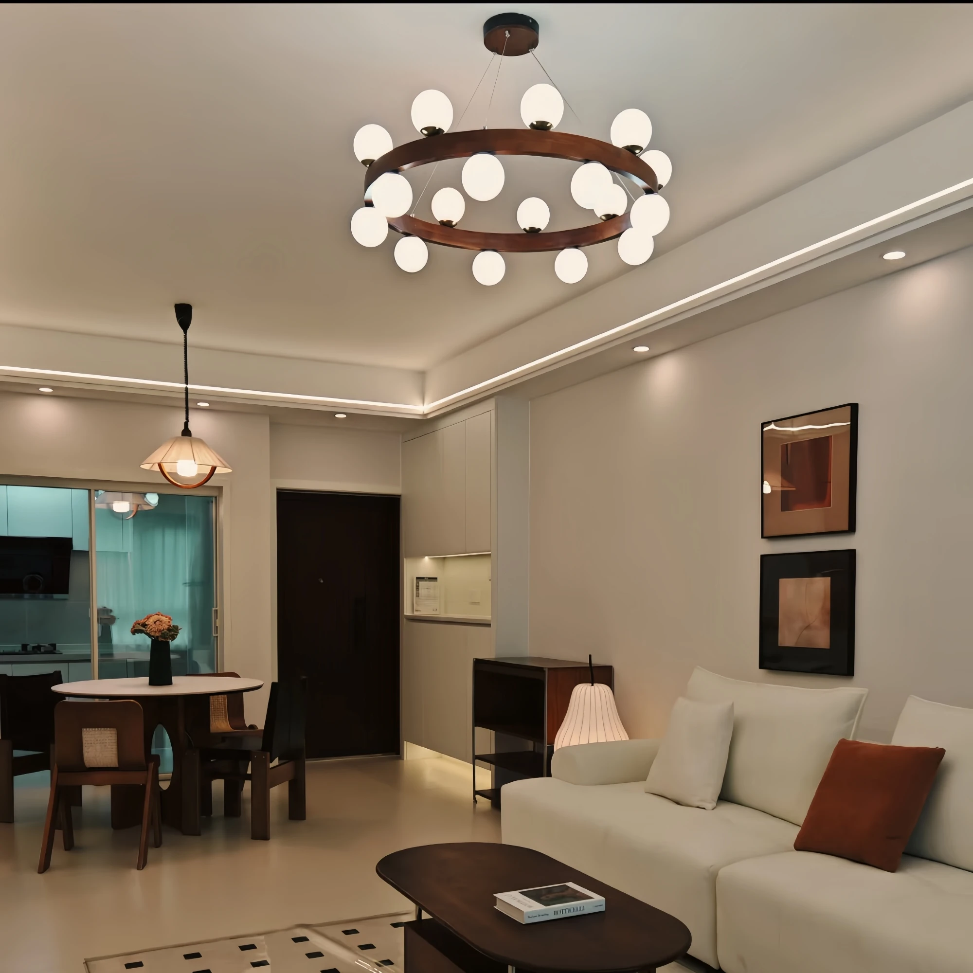 

Современные скандинавские круглые деревянные люстры для гостиной, бревенчатый художественный подвесной светильник, освещение для столовой, кухни, спальни, ореховый светодиодный подвесной светильник