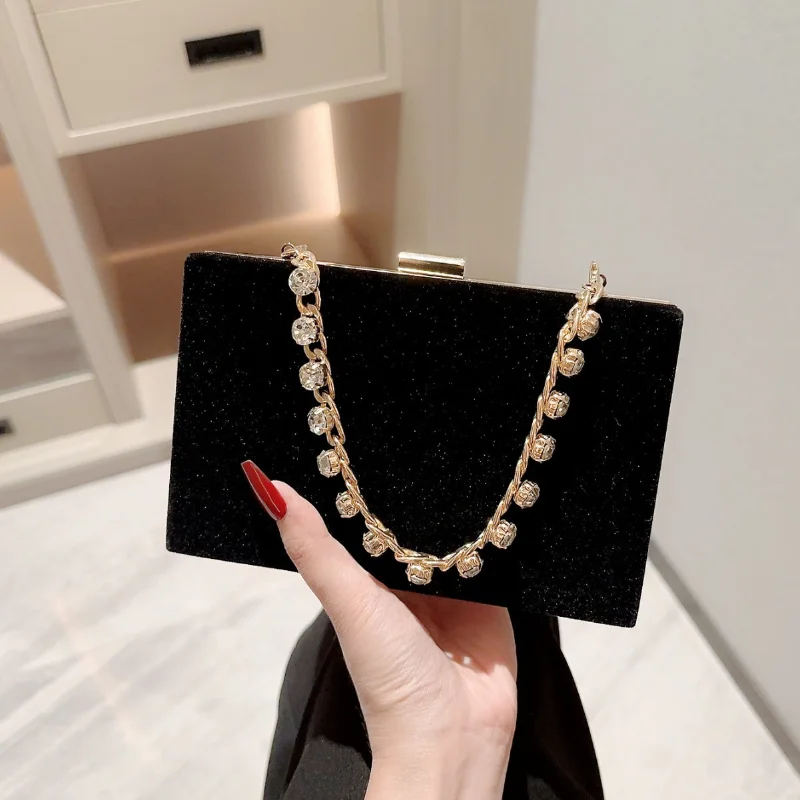 French Style Velvet Evening Bag Luxury Clutch Handbags Elegant Women Diamond Chain Shoulder Bags Female Party Top Handle Bags