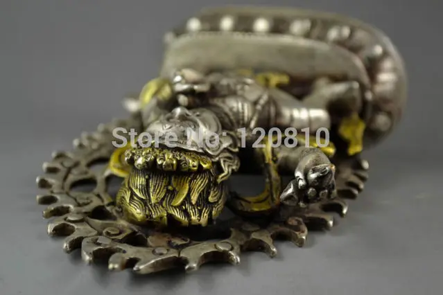 

China Miao Silver Gilding Carving Tibet Buddha Fierce Exorcise Statue