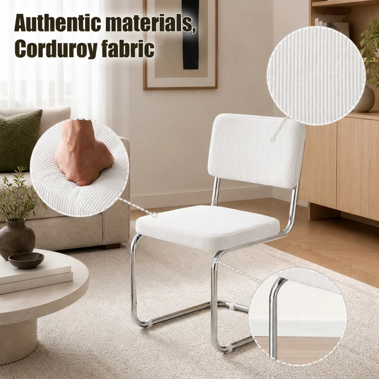 Mid Century Modern Dining Chair Set of 2, Corduroy Upholstered Armless Side Chair with Fully Padded Sponge Back, Chrome Cantilever Stainless Steel Frame for Kitchen Living Room
