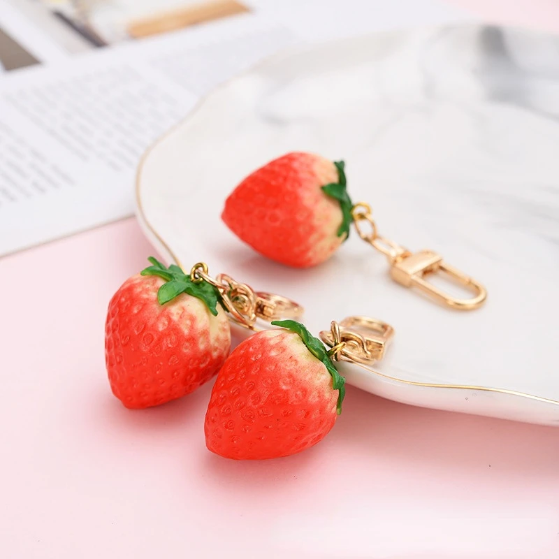 Plastic Strawberry Fruit Keychain Fake Food Model Berry Charms Car Key Accessories Bag Pendant Fruit Funny Jewelry Gift