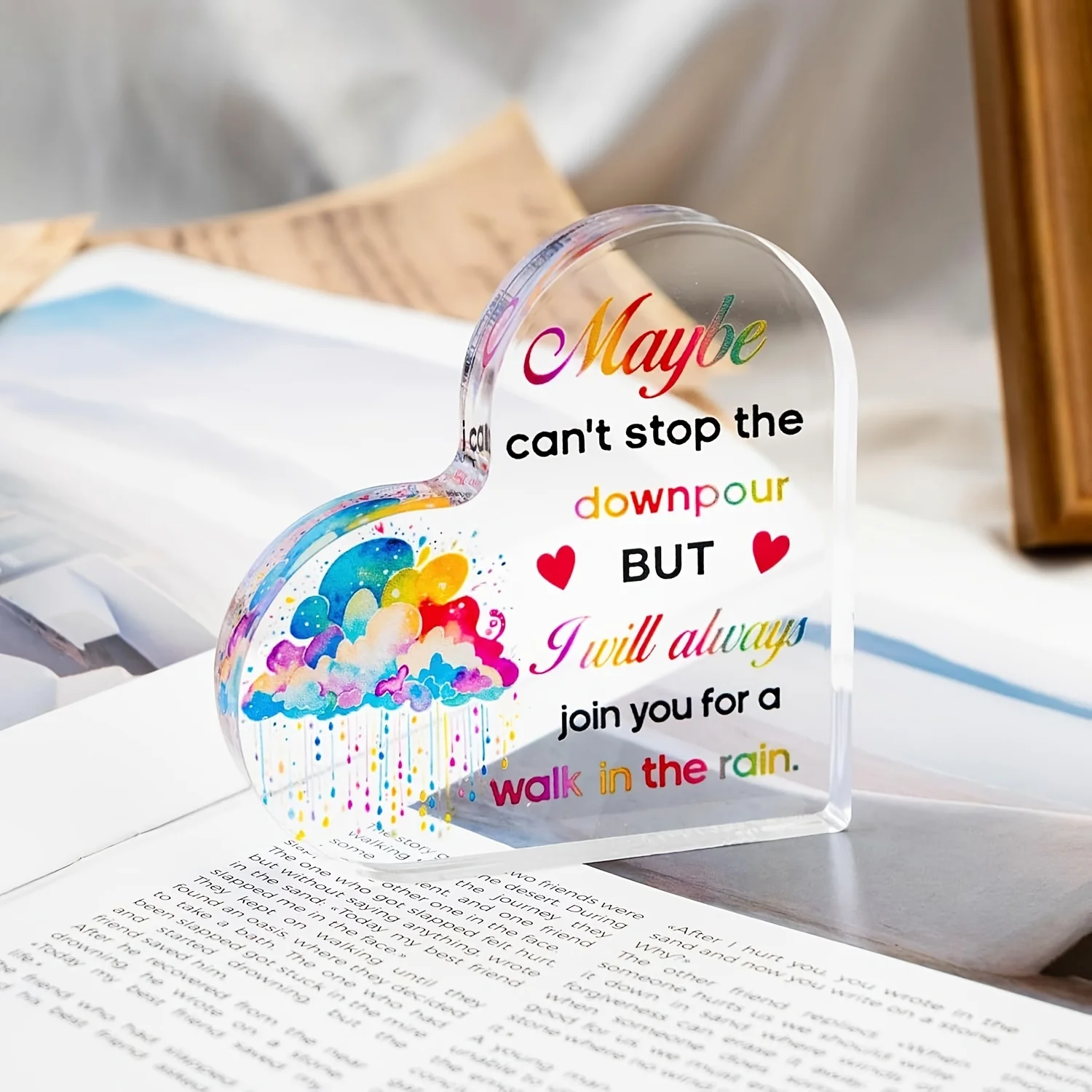 Maybe I Can't Stop The Downpour Heart‑Shaped Acrylic Tabletop Plaque, Watercolor Rainbow Cloud Encouragement Desk Keepsake Gift