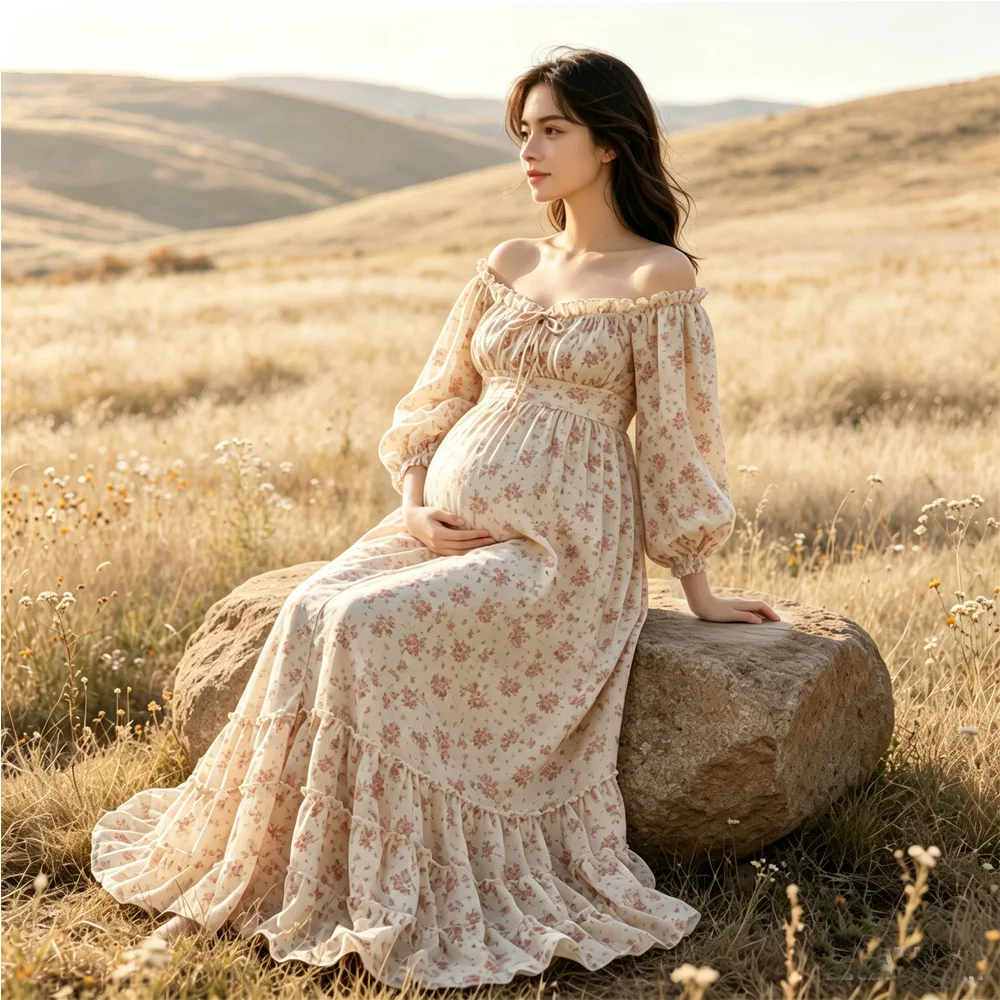 Maternity Photoshoot Dress Off Shoulder Floral Cotton Boho Ruffled Tiered Maternity Dress for Pregnancy Photography