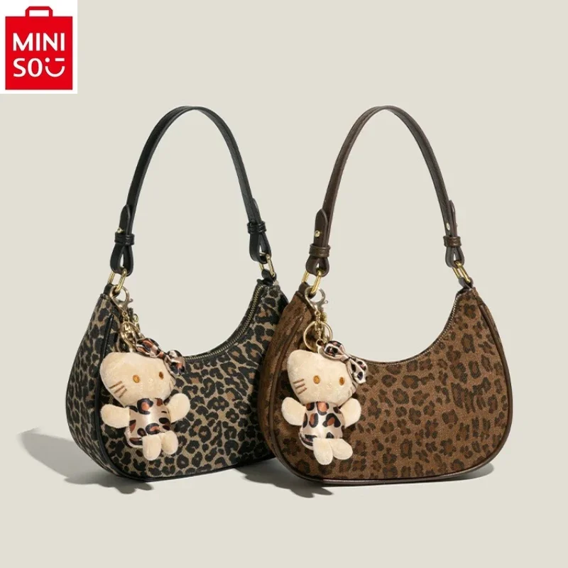 

MINISO 2024 New Retro Fashion Leopard Pattern Hello Kitty Underarm Bag Women's Multi functional Storage Versatile Crescent Bag