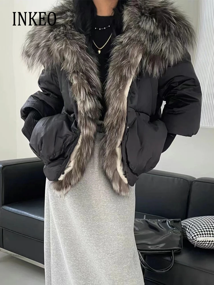 

Luxury Women's Large Fox fur collar Goose down jacket Oversized 2023 Winter Thick warm Fluffy puffer coat outwear INKEO 3O142