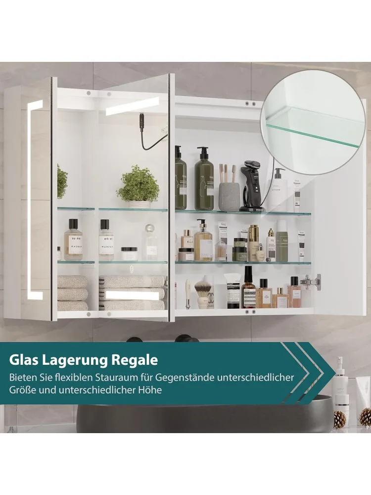 ミラーとLEDライト付き薬キャビネット、収納付き壁掛けバスルームミラー、2ドアバスルームウォールキャビネット、Mem