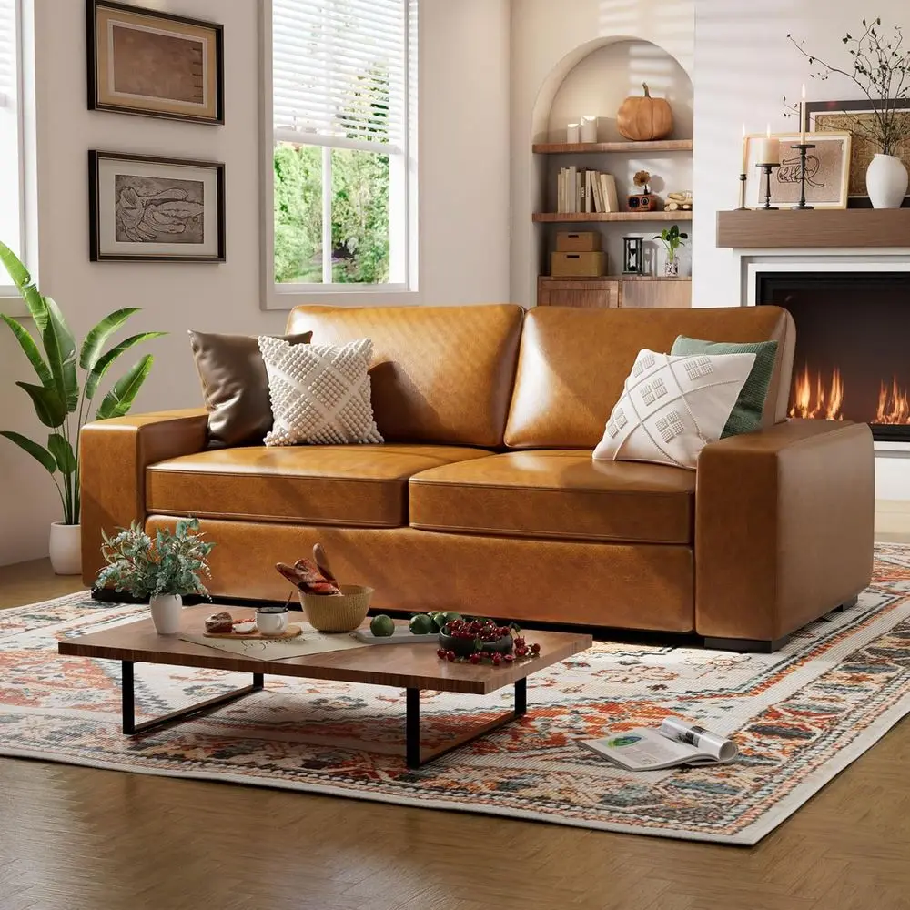 85 Deep Seated 3-Person Leather Sofa with Cushions & Removable Covers, Ideal for Small Living Rooms, Brown