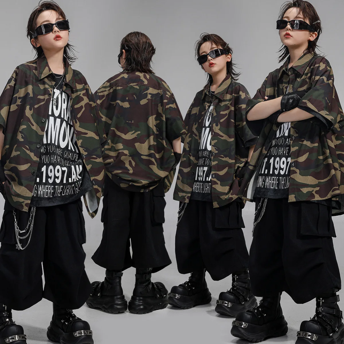 

Kid Kpop Hip Hop Clothing Camo Short Sleeve Shirt Letters T Shirt Top Black Cargo Shorts for Girl Boy Jazz Dance Costume Clothes