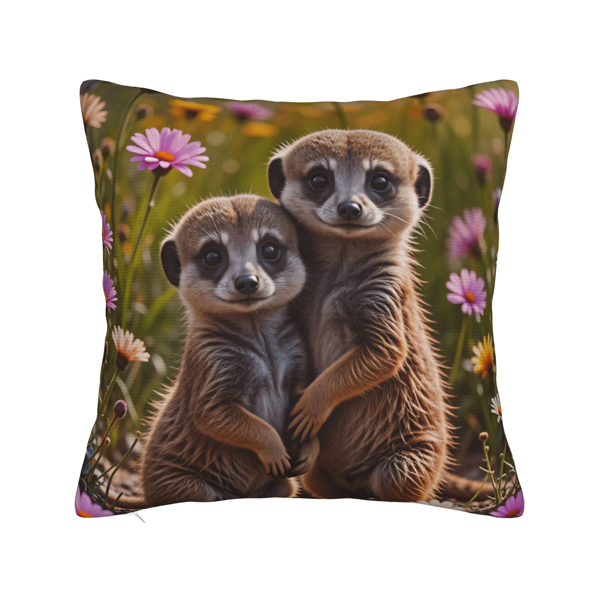 Two Cute Baby Meerkats In Wildflower Field Pillow Case  Vintage Pillow Cover Print Pillowcases For Chair Sofa Home Decor