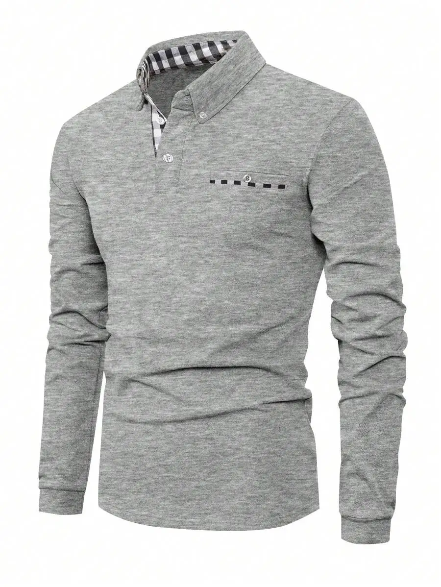 

Men's Gray Long Sleeve Casual Shirt with Checkered Collar and Pocket Detail