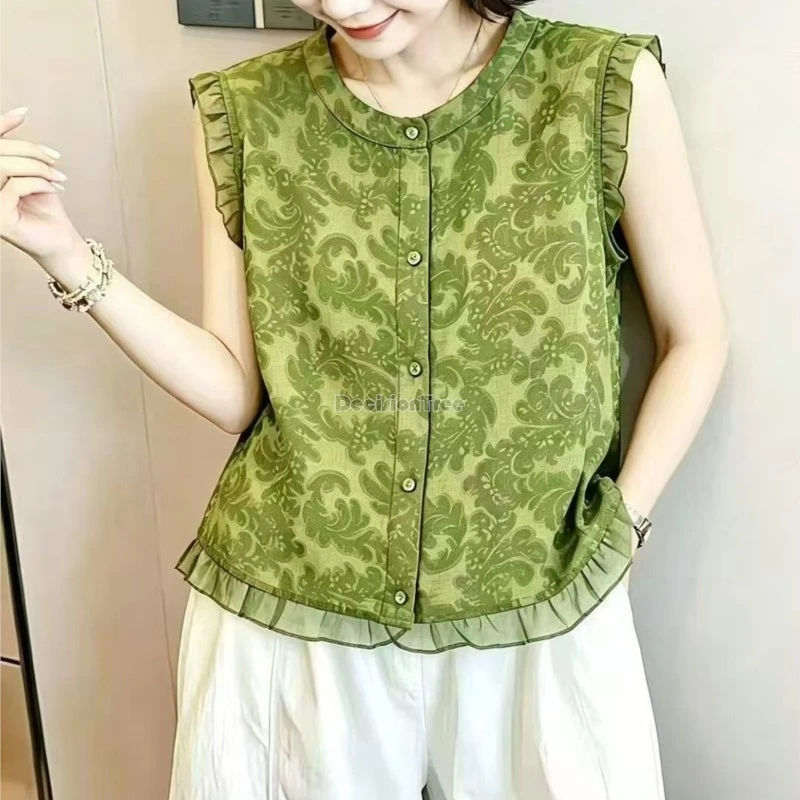 women's new chinese style jacquard vest shirt female summer 2026 new sleeveless vest top women's simple breathable vest top