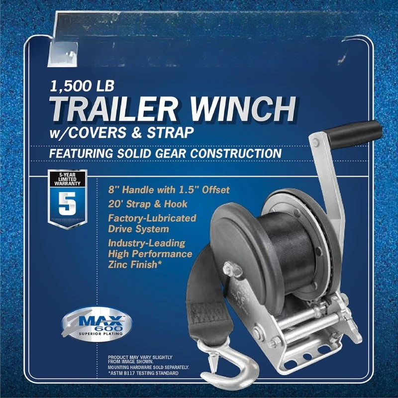 Boat Trailer Winch with 20 Foot Winch Strap with Hook, 1,500 lbs. Capacity, Single-Speed Hand Crank Winch,