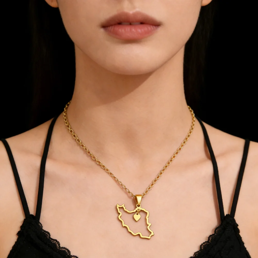 1Pcs New Stainless Steel Iran Map Hollow Heart Pendant Necklace Men's and Women's Versatile Sweater Chain Accessories Pendant