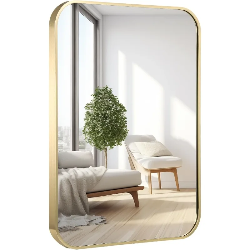 22x30 Inch Bathroom Mirror for Wall,Gold Framed Rectangle Mirror with Rounded Corner,Aluminum Alloy Framed Brushed Wall Mirror