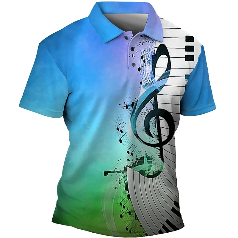 Music Note Pattern 3D Print Summer Men's Button Down Collar Polo Shirts Casual Short Sleeve Oversized Tops Fashion Men Clothing