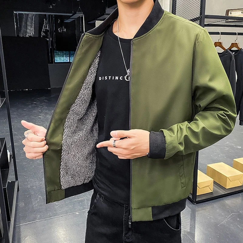 ゆったりとしたカジュアルなメンズジャケット 秋冬 ファッショナブルな韓国スタイル 厚手フリース スタンドカラー 長袖 レギュラー丈