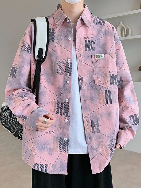 

Spring Autumn Youth Letter Long Sleeve Shirt Men's New American Trendy Brand Jacket High School Students' Shirt Standard Fit ...