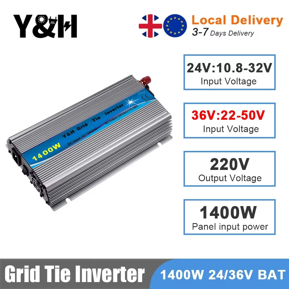 Image of Y&H 1000W 1300W 1400W MPPT Netzgekoppelter Solar-Wechselrichter 24V/36V DC zu 220V AC Reiner Sinuswellen-Konverter für Solarmodule/Batterien