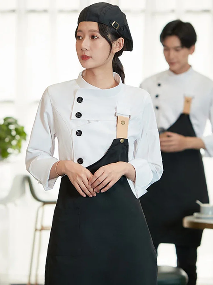 Camisa de cocina para restaurante, abrigo de cocinero para cantina, uniforme de cocina de Hotel, chaqueta de Chef de manga larga, ropa de trabajo de camarero de panadería, Tops + delantal