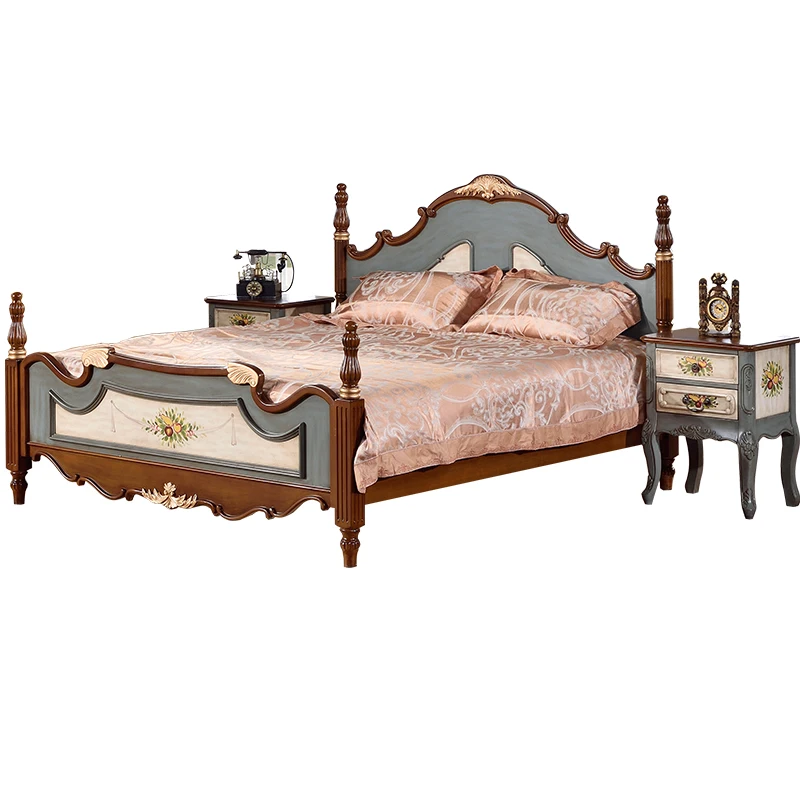 

solid wood bed 1.8 meters double bed master bedroom, American retro painted 1.5 meters high box
