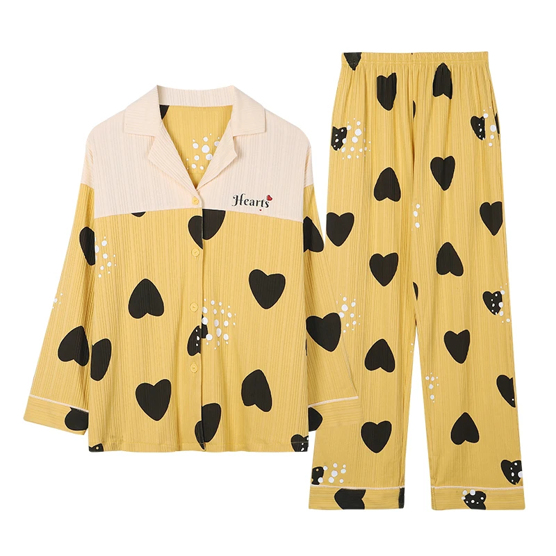 

Black heart yellow pajamas sweet cool style all cotton cardigan long sleeved spring and autumn women's pajamas loose M-XXL