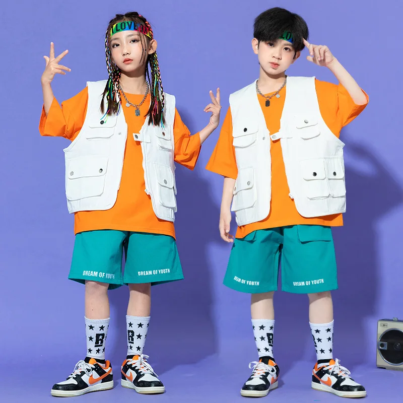 Fato de Hip Hop infantil, roupas de dança jazz, colete branco, shorts casuais, street dance, bateria, moda para meninos e meninas