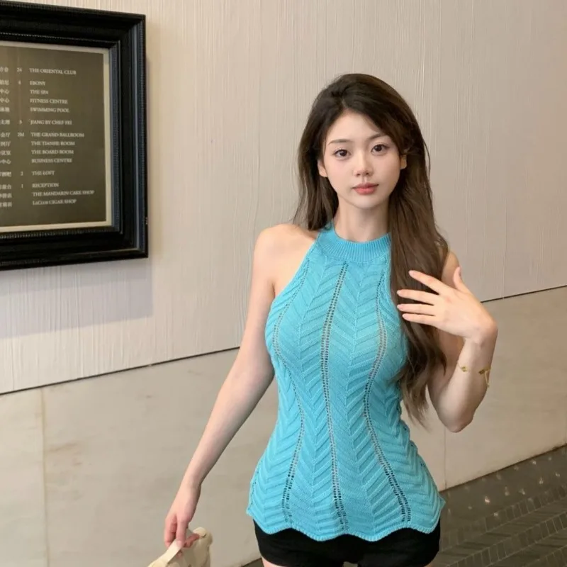 Y2k Knit T Shirt For Women Hollow Out Solid Spring Summer Sexy Ropa De Mujer Halter Korean Fashion Versatile Tank Tops