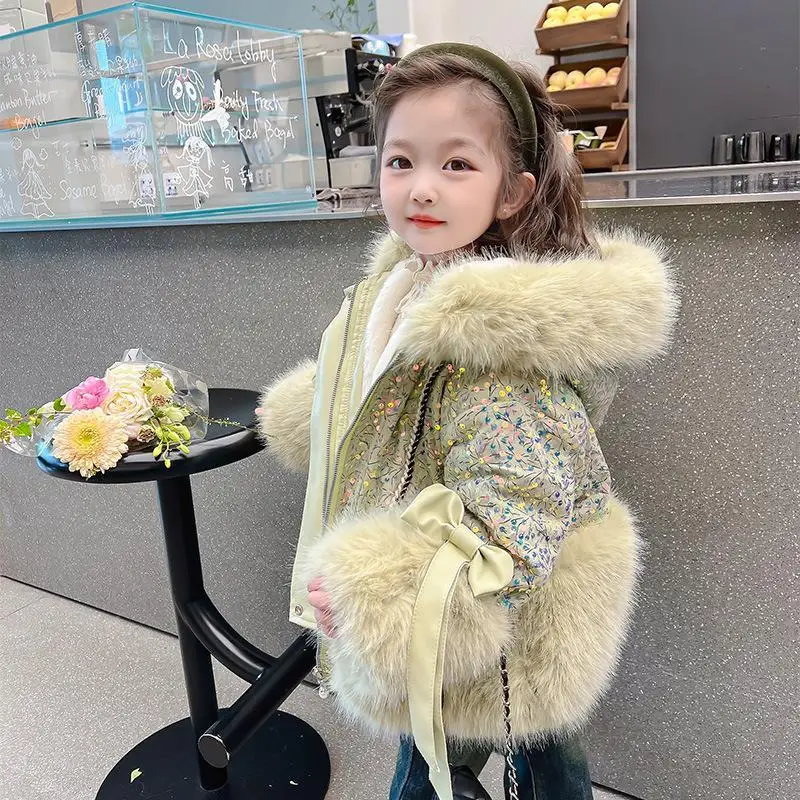 Winter Warm Jackets New Year Cotton Coats Cute Girls Jackets Baby Plus Velvet Thick  Kids Hooded Outerwear Children Shiny Coat