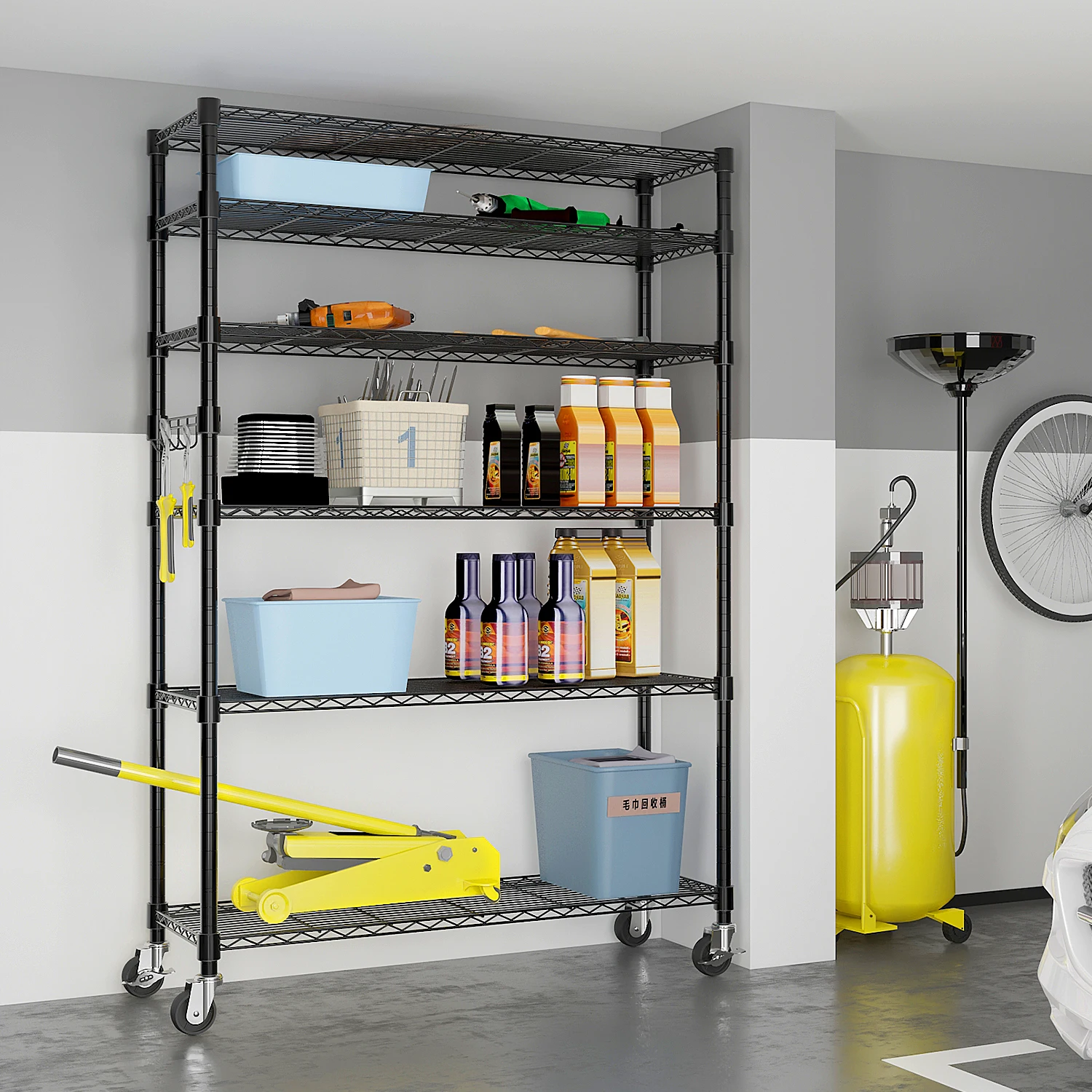 6‑Tier Storage Shelves Black Mobile Metal Wire Storage Storage Cabinet Living Room Furniture for Kitchen Warehouse Cookware Small Appliance Food Household Supplies Organizer