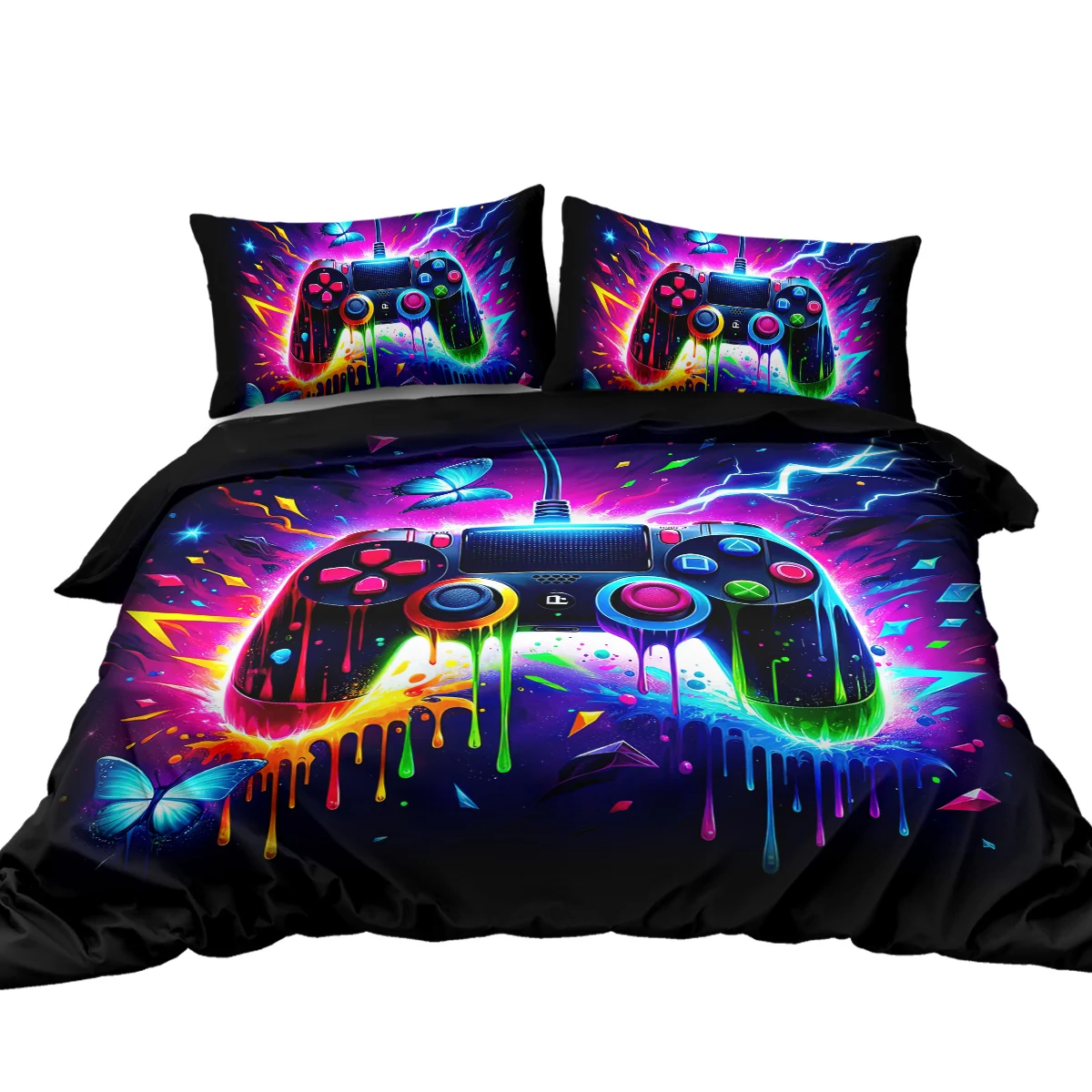 3pc Colored Paint Video Game Controller Duvet Cover Blue Butterfly Print Comforter Cover 3 Pcs Bedding Cover 2 Pillowcases