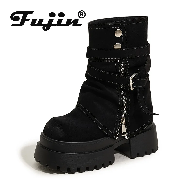 

Fujin женские ботильоны 10 см 4 дюйма, кроссовки на платформе и каблуке, черные, коричневые туфли из натуральной кожи, мотоциклетные весенне-осенние