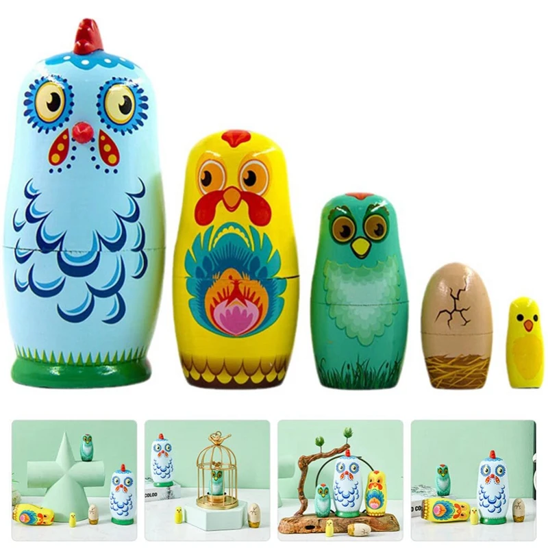 

5Pcs Wooden Chicken Handmade Russian Nesting Dolls Toy Animal Stacking Dolls For Spring Easter Home Decor Easy Install