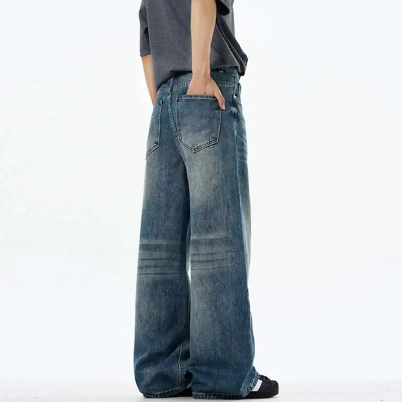 Trendy Men's New Wear Denim Pants New American Washed Fashion Men Cleanfit Versatile Wide Leg Jeans Summer PTP8