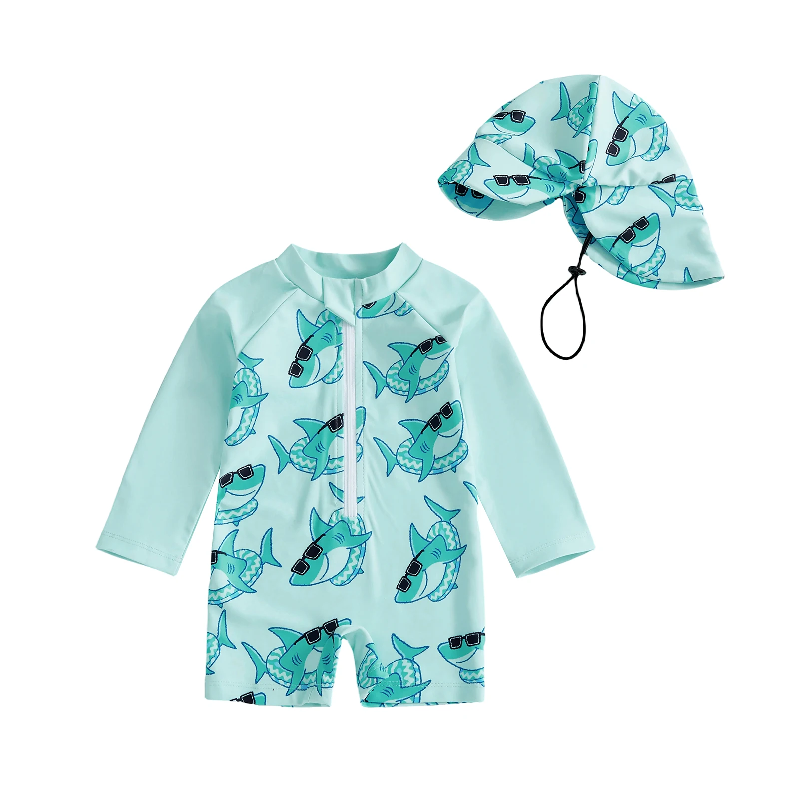 

Toddler Boy Rash Guard Swimsuits Dinosaur Print Short Sleeve Zip Up Bathing Suit with Sun Hat and UV Protection