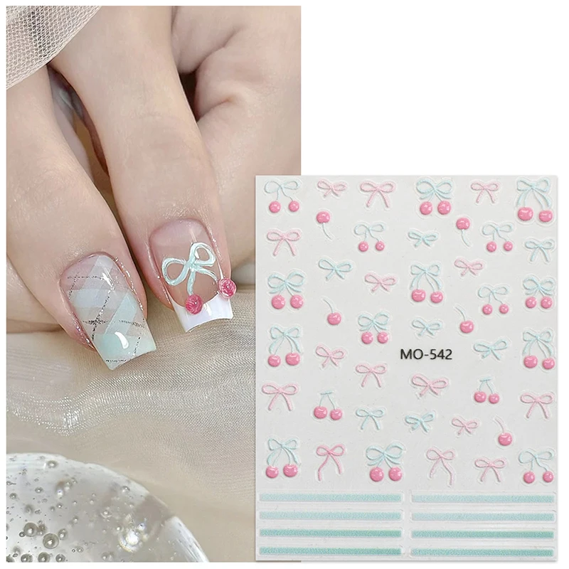 1 vel Kawaii Cherry Bow nagelstickers 5D schattig fruit ontwerp zelfklevende decoratieve stickers nail art stickers