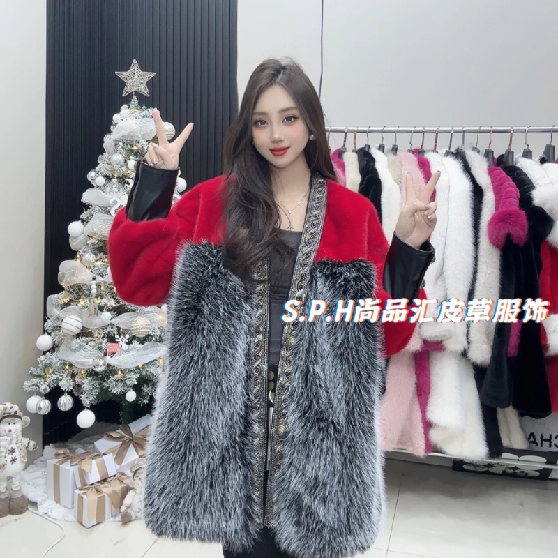 Retro V-neck Long Sleeve Fashion Colorblock Faux Fur Coat Women Winter New Rich Style Light Luxury Thickened Fur Mink Coat