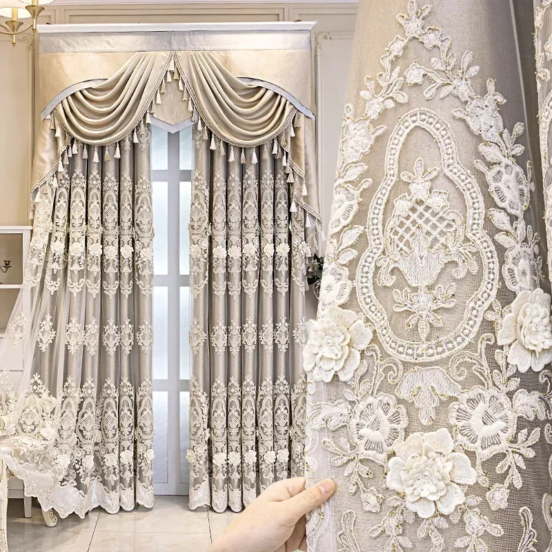 European Palace Luxury Curtains for Living Room Valance Grey Curtains Double Layer Relief Embroidered Tulle Blackout Curtains