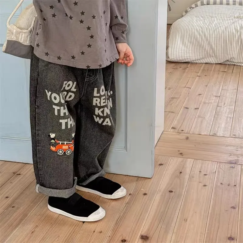 الخريف الاطفال الفتيان الجينز ربيع جديد الأطفال الكرتون المطبوعة عارضة السراويل الطويلة 80-130 سنتيمتر