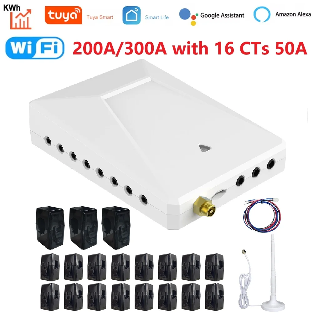 Tuya Wifi 200A 300A Smart Home Energy Monitor with 16 Sub 50A Circuit Level Sensors Real Time Electricity Monitor Meter Solar