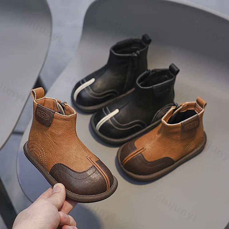 Baby Stiefeletten Retro Mode Design Kinder Flachen Boden Kurze Stiefel 2025, Herbst Winter Warme Kinder Weiche Leder Chelsea Stiefel
