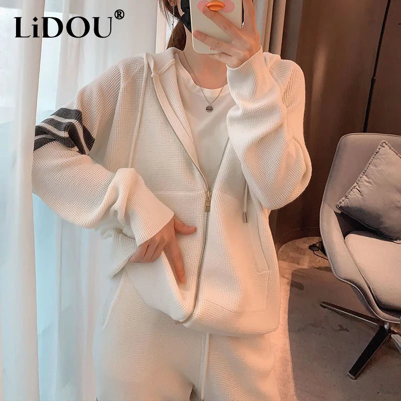 

Autumn Winter Loose Casual Patchwork Hoodies Sporty Pants Set Women's Zipper Cardigan Sweatshirt Sweatpants Suit Female Clothes