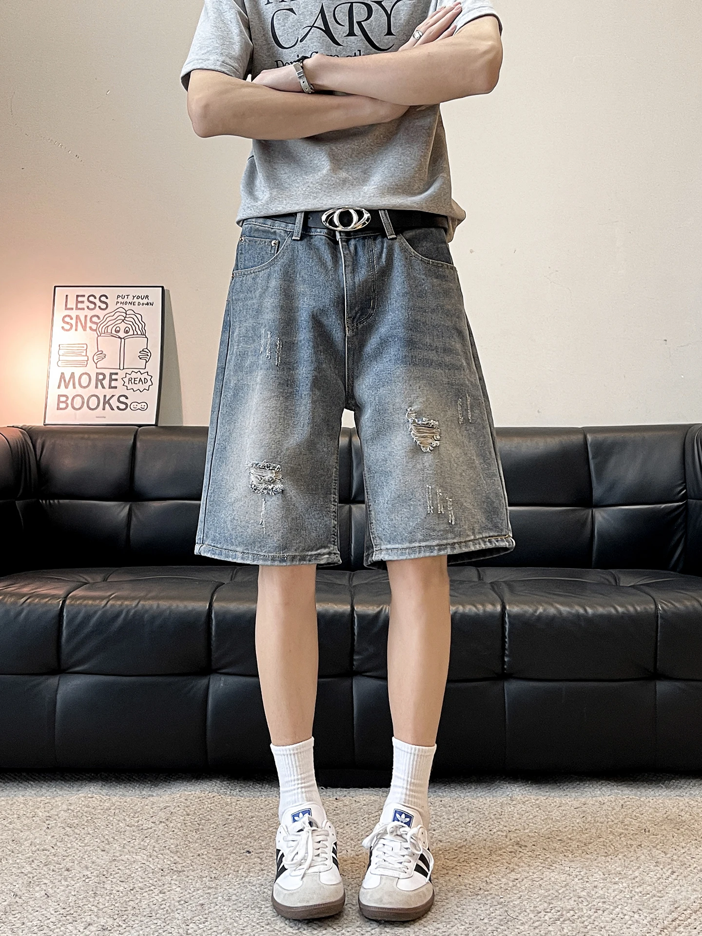 

Ripped Denim orts Men Summer New Loose Straight Leg Five-Point Pants Waed Vintage Casual Mid-Length Retro Loose Fit
