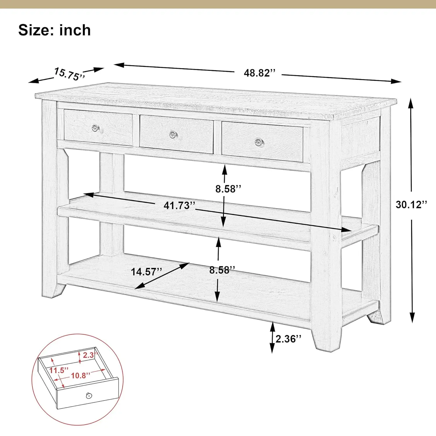 48’’ Modern Farmhouse Wood Entryway Console Table with Storage (Black) | 3-Tier Sofa Table Behind Couch, 3 Drawers,, Customized